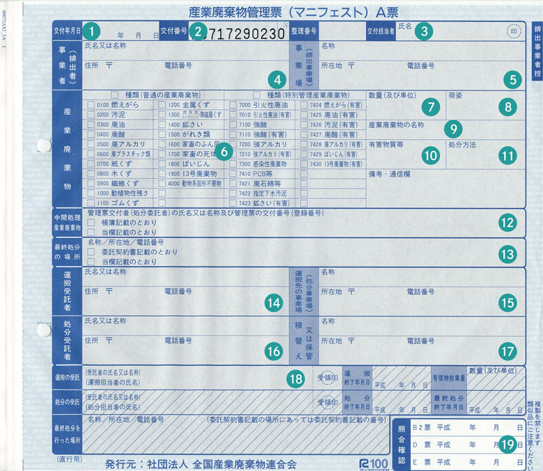産業廃棄物管理表（マニフェスト）A票